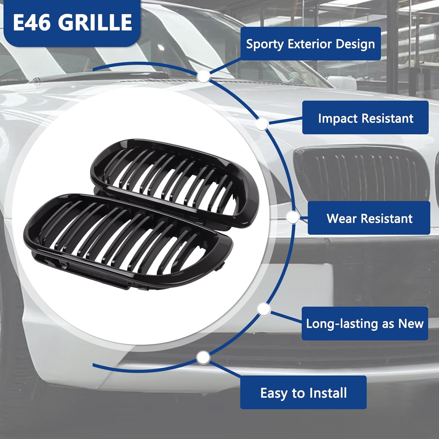 E46 Grille, Front Kidney Grill Compatible with BMW 3 Series 2002-2005 E46 4-Door 320i 325i 325xi 330i 330xi Double Slats Gloss Black Grill