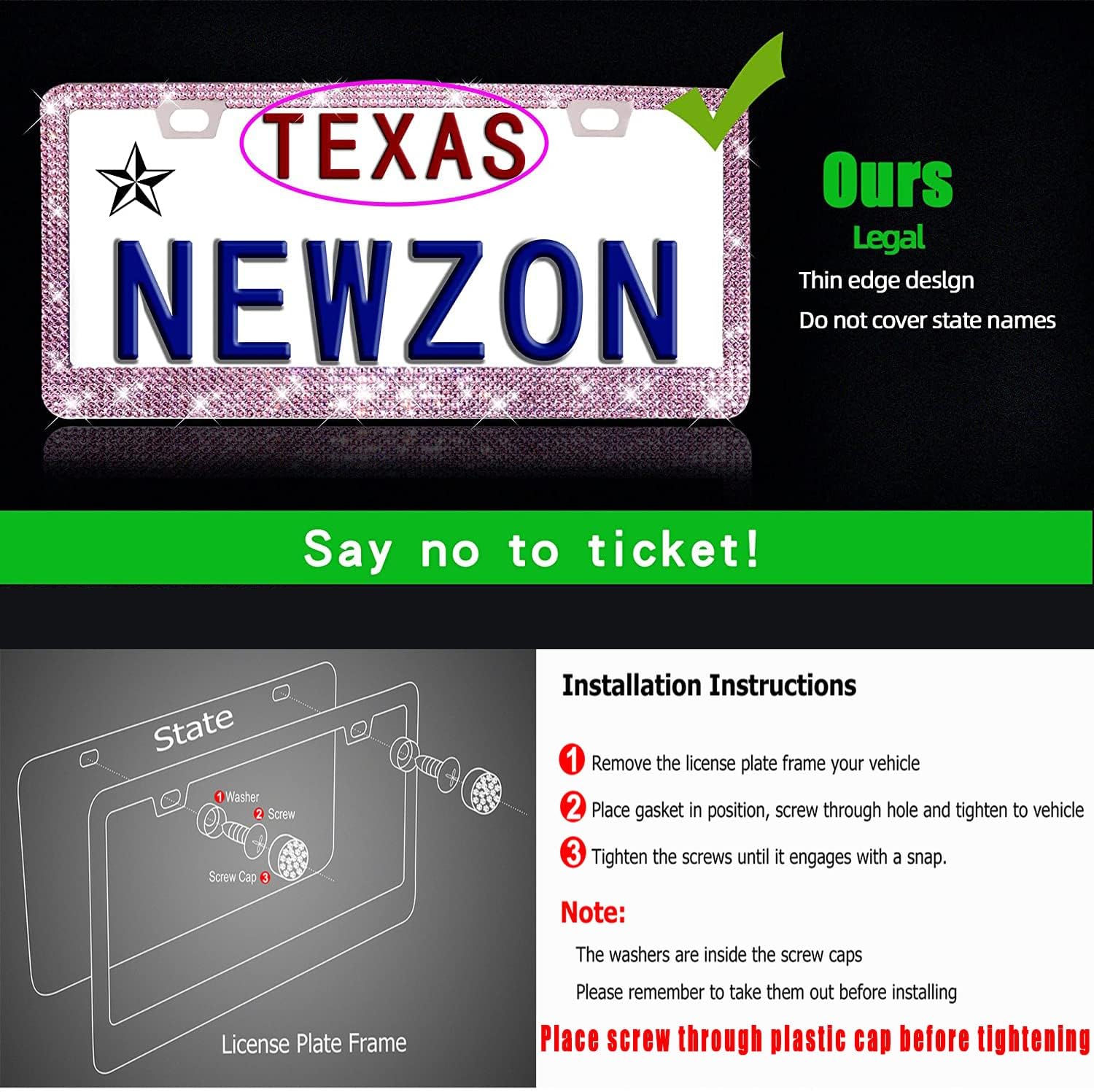 Newzon Cute Pink License Plate Frame, 2 Pack Glitter Glass Rhinestones License Plate Covers for Women,Girl,with Crystal Screw Caps