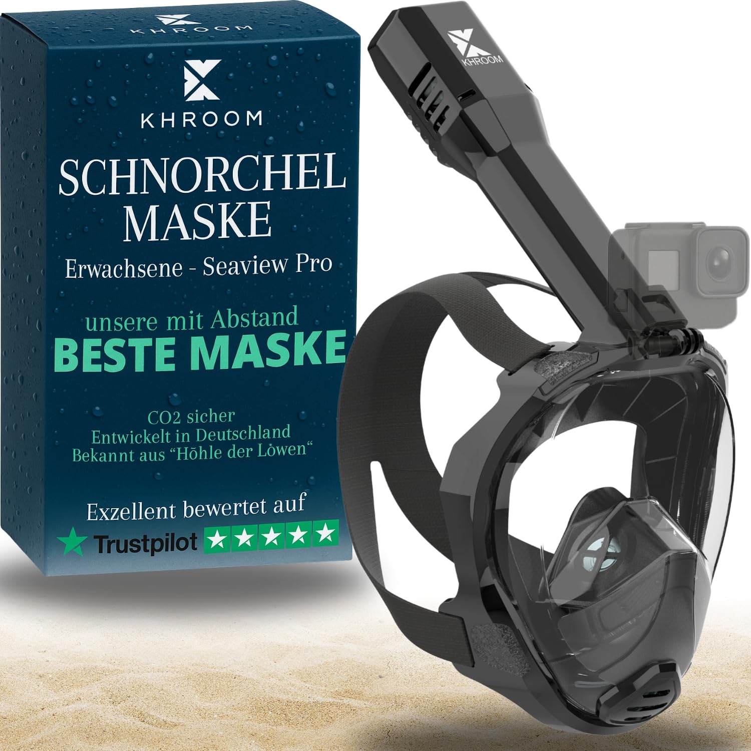 Khroom Schnorchelmaske Erwachsene Vollmaske | Unsere Beste CO2 sichere Tauchermaske Seaview Pro zum Schnorcheln | Tauchmaske Vollgesichtsmaske | Fullface Tauchermaske (L/XL, Schwarz)