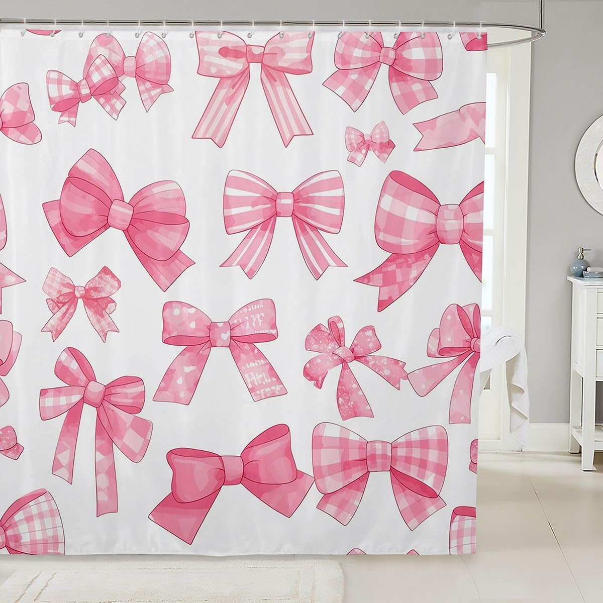 Cute Pink Bow Fabric Shower Curtains for Kids Girly Bowknot Shower Curtain 72" W X 78" L Coquette Watercolor Bows Bath Curtain Kawaii Dreamy Princess Style Bathroom Waterproof Accessories
