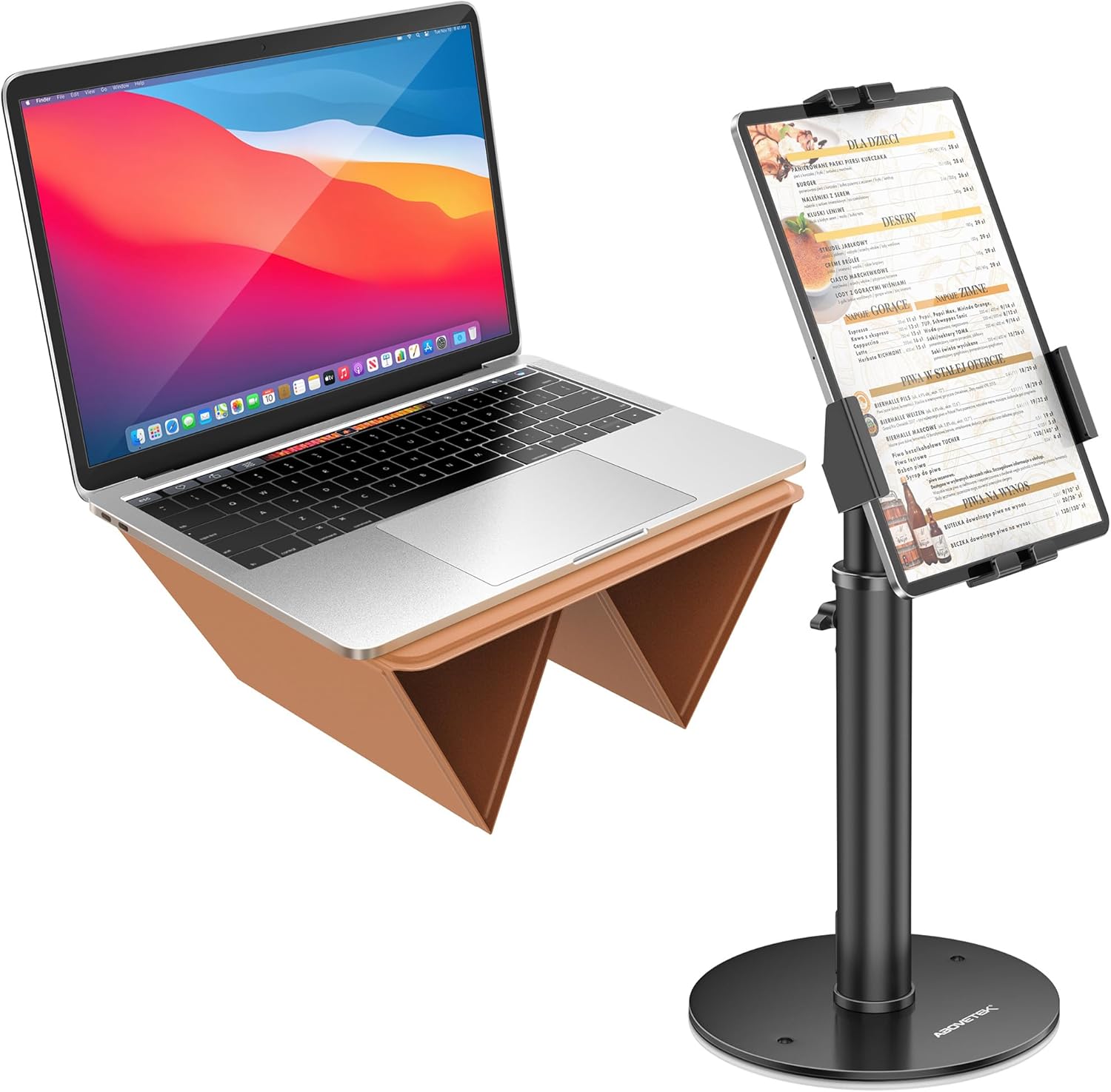 AboveTEK POS Tablet Kiosk Stand Bundle with Ultra-Sleek Portable Laptop Stand, 2-in-1 Foldable MacBook Stand for Desk & iPad Tablet Stand Holder, Fits 14"~17" MacBook