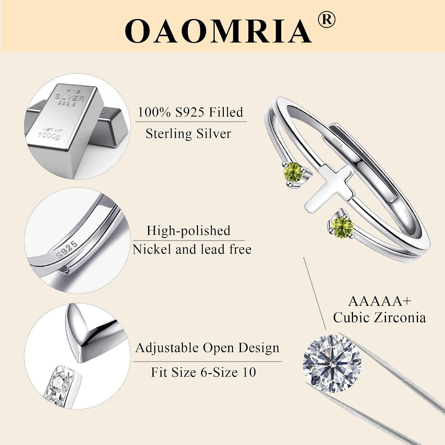 S925 Sterling Silver Cross Rings Birthstone Rings Christian Jewelry for Women Daughter, Easter Gifts, Confirmation and Baptism Gifts