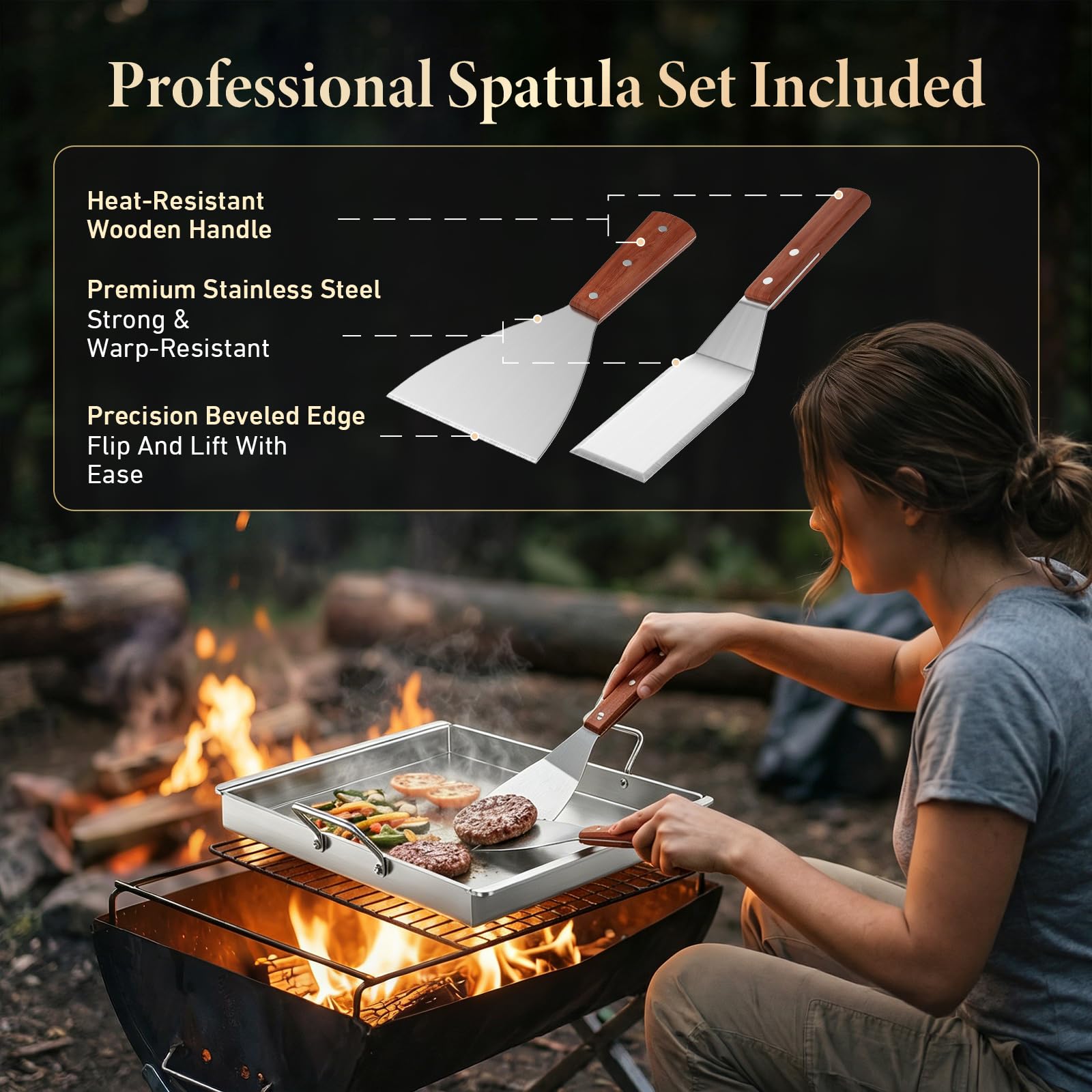 Piastra per barbecue in acciaio inox, 40 x 30 x 4 cm, con 2 manici in legno resistenti al calore, spatola con beccuccio per grasso integrato, piastra da 4 mm di spessore, per barbecue