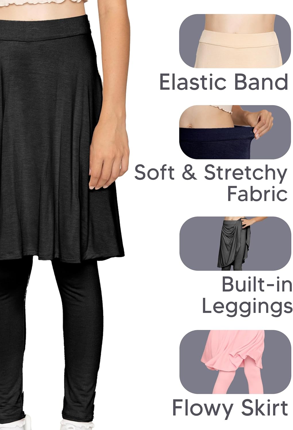 STRETCH IS COMFORT Girls Kneelength Aline Skirt Built-in Shorts or Leggings | 95% rayon 5% spandex, skirts for girls, girls skirts, khaki skirt, school uniform for girls, uniform skirts for girls, skorts