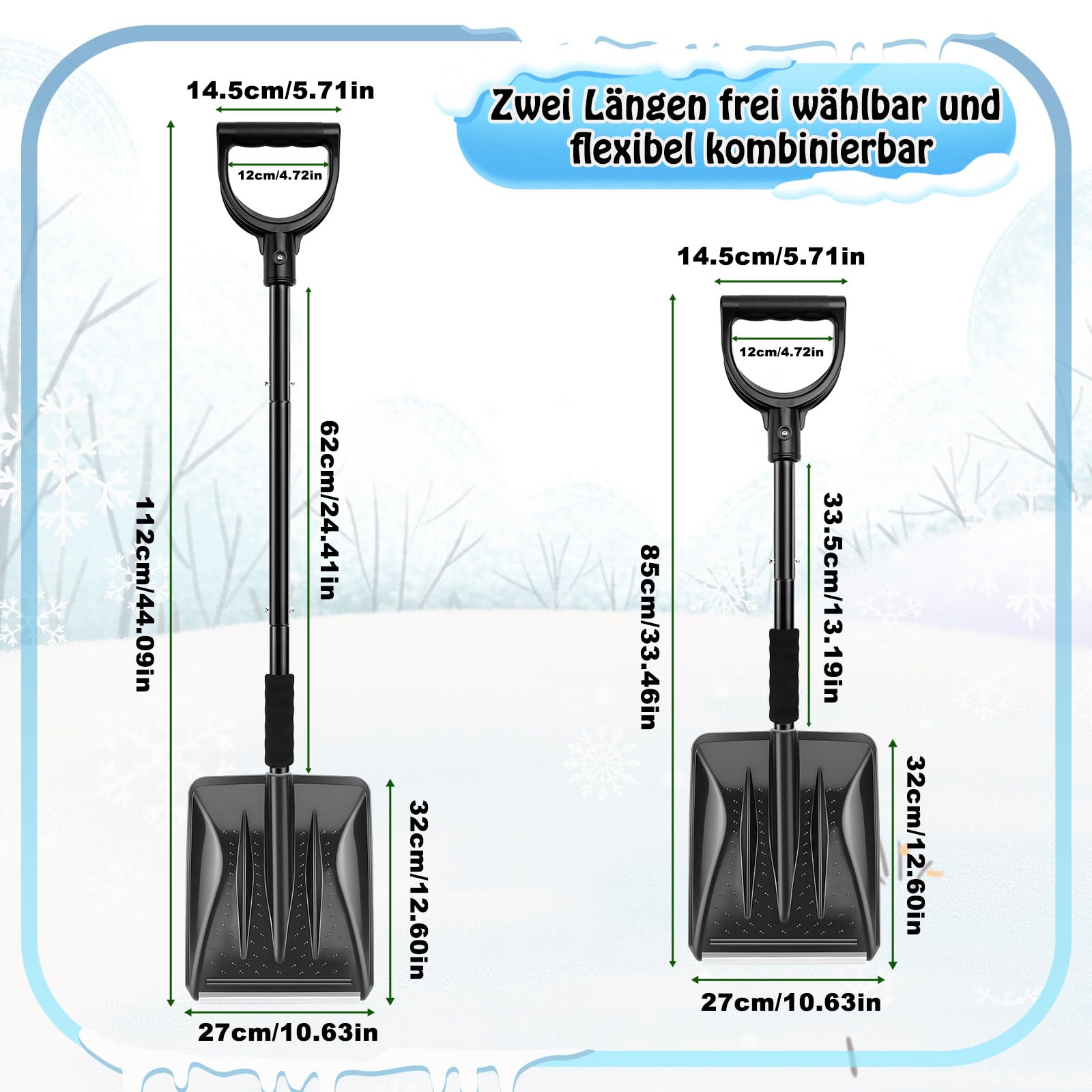 Pelle à neige en plastique avec manche en métal, pelle à neige avec 4 pièces, design amovible, légère pour voiture, trottoir et terrasse