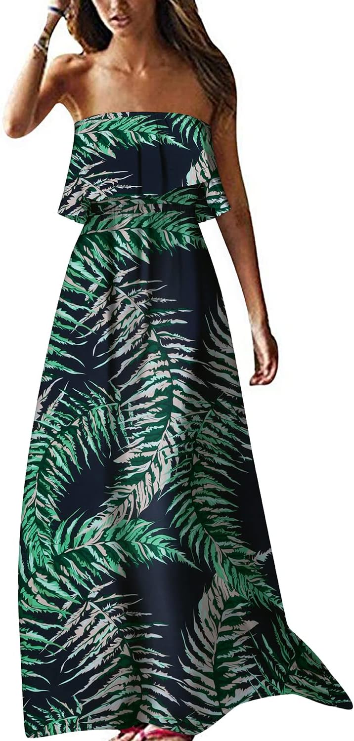 ZMPSIISA Women's Summer Off The Shoulder Maxi Dress Ruffle Strapless Blue White Porcelain Boho Casual Loose Long Dresses