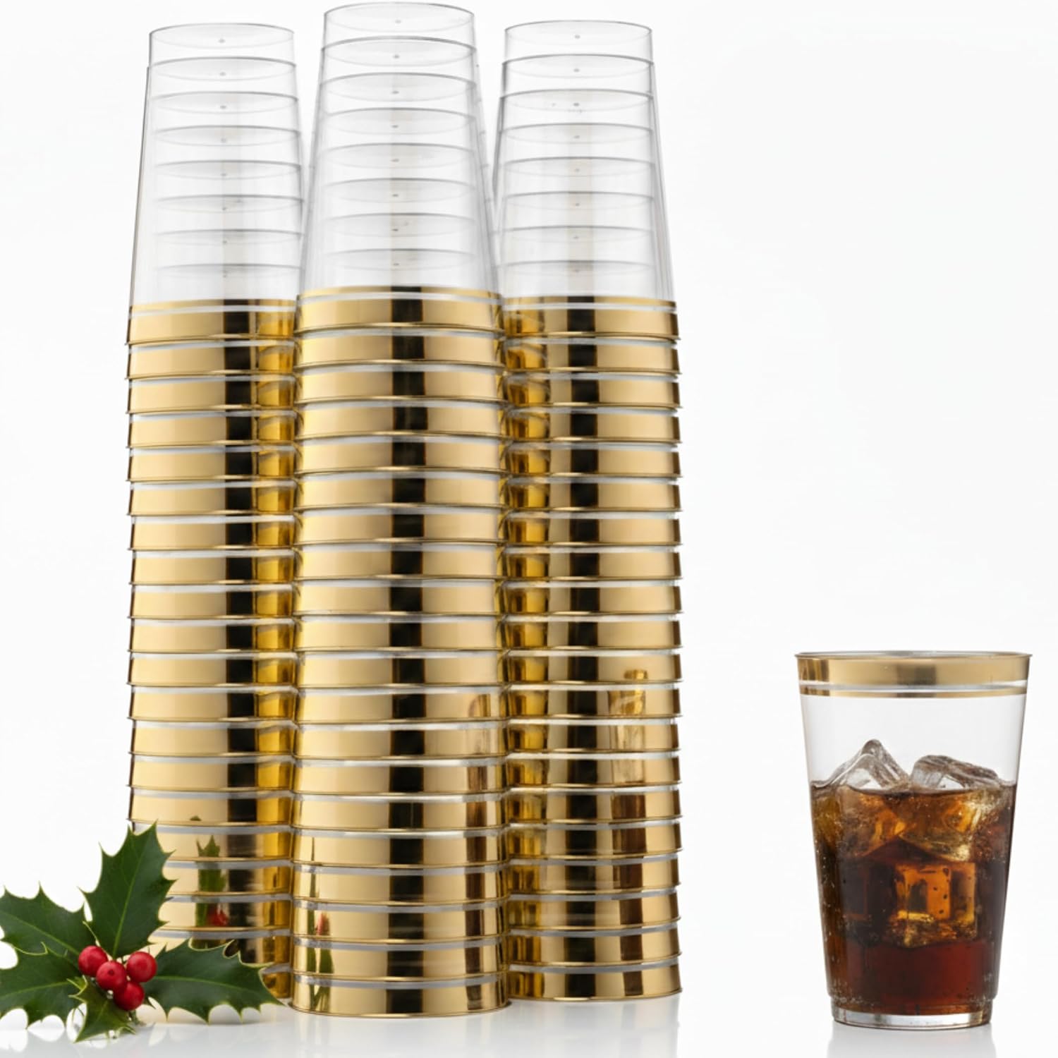 Perfect Settings Premium Double Gold Rimmed Disposable Plastic Cups, Durable Clear Plastic Drinking Glasses for Cold Beverages & Cocktails, BPA-FREE, Disposable Wedding Cups, 14 oz. (Pack of 100)