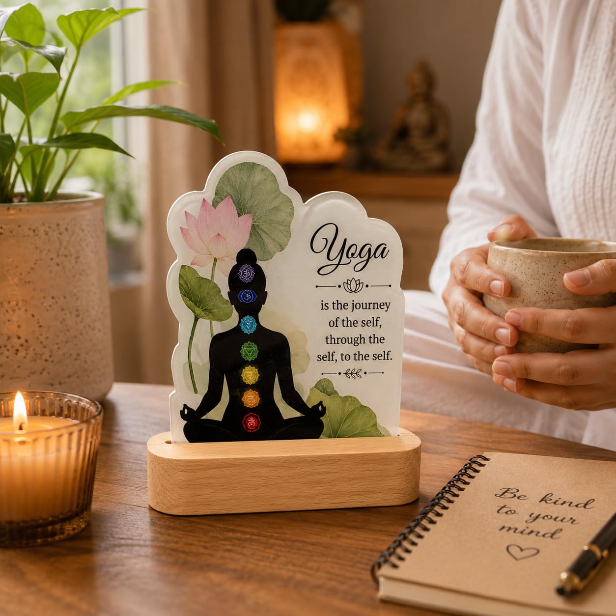 Akaar Yoga Day Acrylic Plaque with Wooden Base | Meditation & Chakra Desk Decor | Inspirational Yoga Gift for Women, Yoga Lovers & Wellness Spaces-image-8