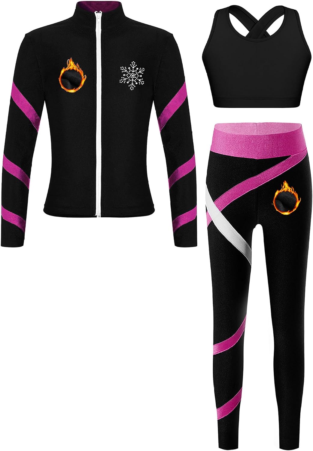 Kids Girls 3Pcs Skating Dance Gymnastic Set Zip Up Fleece-Lined Jacket Sports Bra with Leggings Set