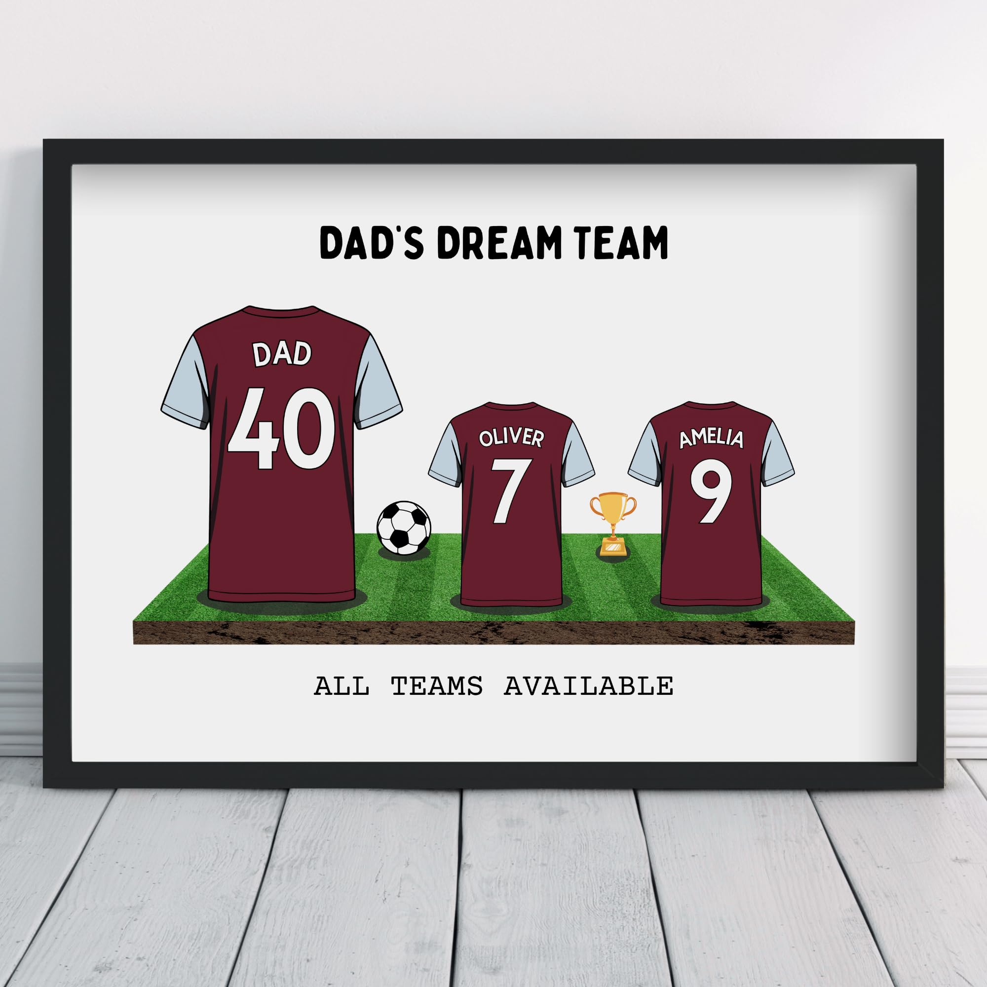 Personalised Villa Dream Team Shirt Art | All Teams Available | Framed or Prints | Aston Gift for Dad, Grandad, Man, Uncle, Family | Unique Football Footy Fan Wall Keepsake Sports