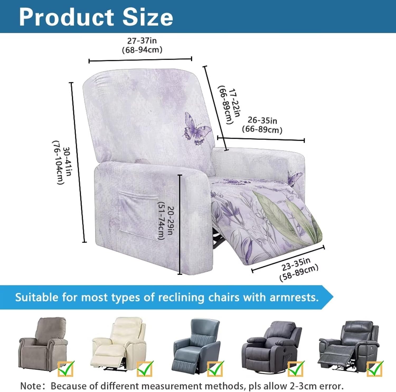 FOR U DESIGNS Lavender Purple Butterfly Recliner Chair Covers 4-Piece Set Stretch Non Slip Convenient Pockets for Storage Washable Against Stains and Pet Hair on Reclining Furniture