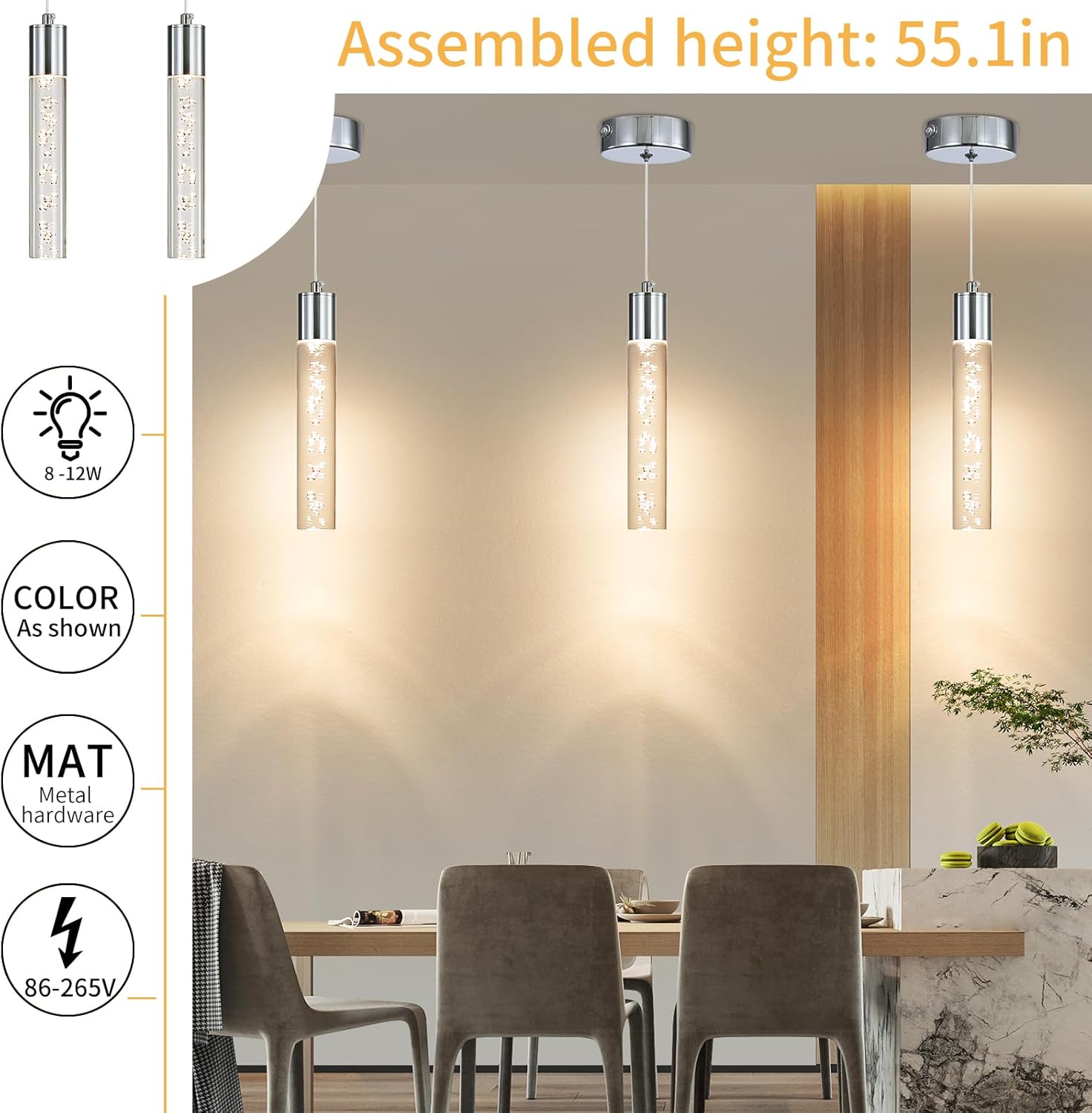 3 Pack Modern LED Pendant Light, Chrome Bubble Hanging Ceiling Lamp Fixture, 3 Color 2700K/4500K/6500K, Small Kitchen Island Chandelier Over Table for Dining Room, Living Room, Bedroom, Bar, Cafe