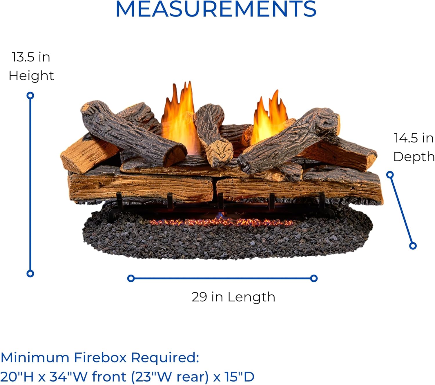 Diagram showing the dimensions of the Duluth Forge log set and the minimum firebox size required for installation.