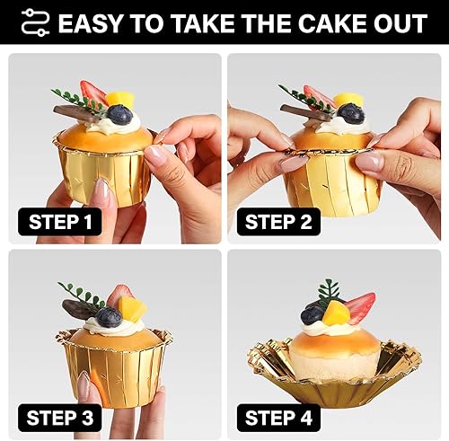Miniatura 4 de EUSOAR Revestimientos dorados para cupcakes, 100 moldes de aluminio desechables de 3.5 onzas, tazas de aluminio para hornear, forros de aluminio
