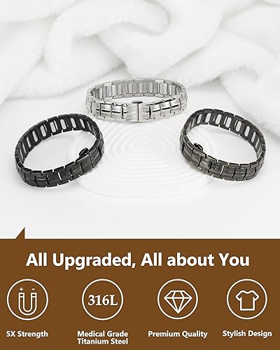 Vista 15 de Feraco Pulsera magnética de acero de titanio para hombre con doble fila de 4 elementos imanes, regalos para el día del padre Negro,Negro