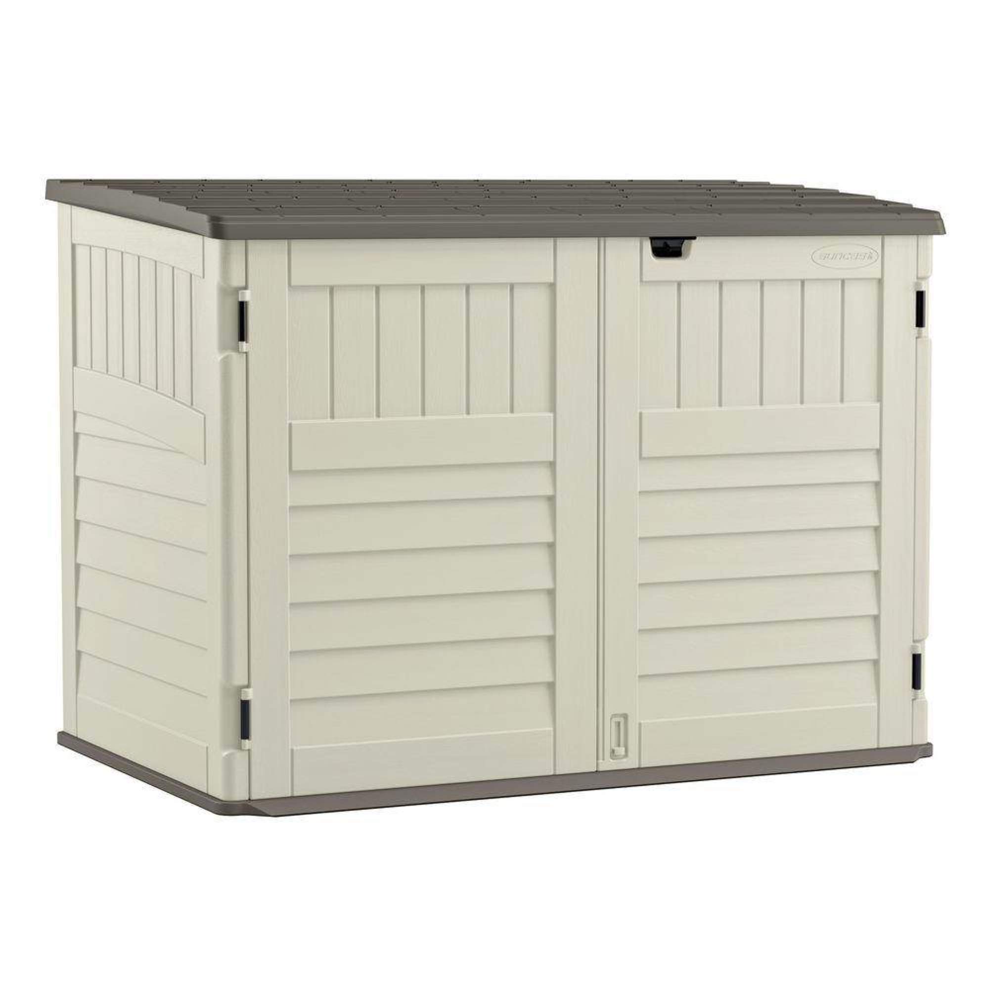 suncast 5.9 ft. x 3.7 ft horizontal stow-away storage shed - natural wood-like outdoor storage for trash cans and yard tools - all-weather resin, hinged lid, reinforced floor - vanilla and stoney