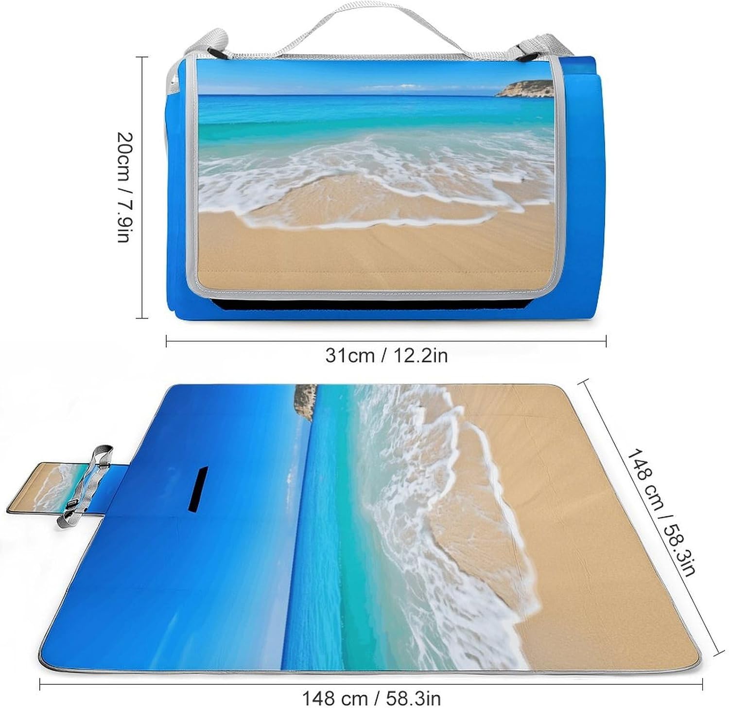 Beach and Sea Waterproof Picnic Blanket 58.3''x58.3'',Portable and Foldable Picnic Mat with Handle,Outdoor Blankets for Lawn Park Beach Travel