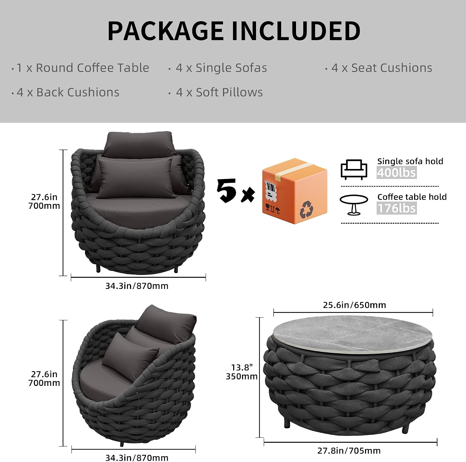 TWT 3 Piece Patio Furniture Set, Gray Woven Rope Conversation Set with Washable Cushions (Polyester Dark Grey Rope w/Dark Grey Cushion, 5pcs 4 Armchair+Table)
