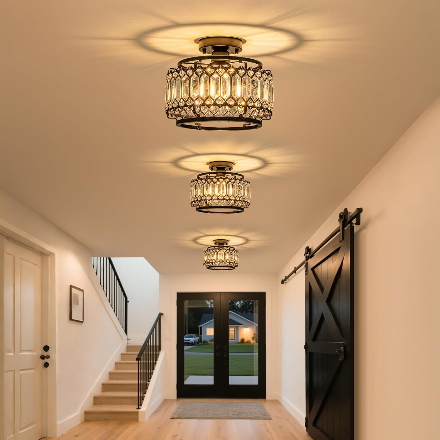 Modern Black Crystal Flush Mount Ceiling Light with LED Bulb (50% Brighter) – 11.4" Dimmable Chandelier for Dining Room, Bedroom – Reinforced Iron Frame & K9 Crystals – Easy Install