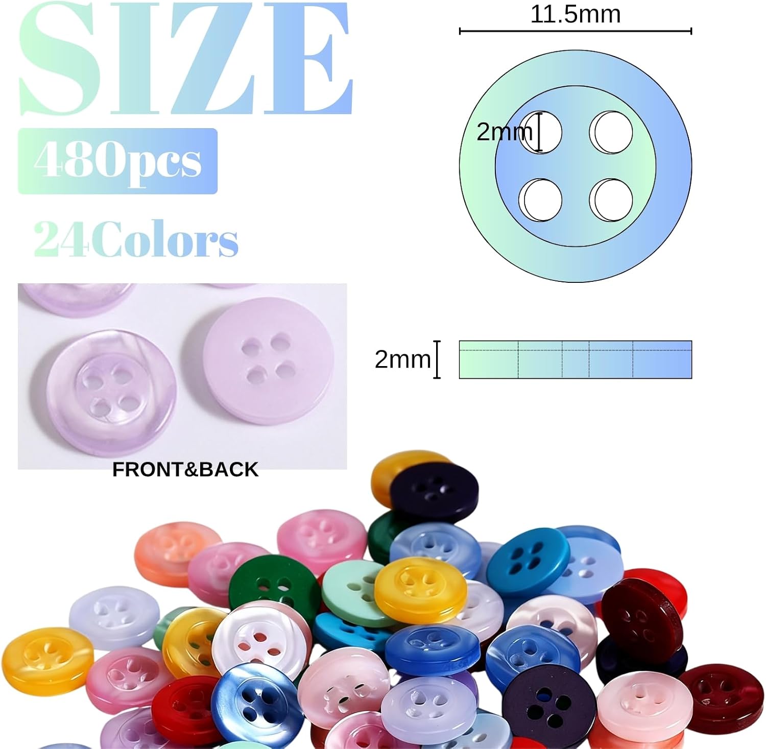 480 pcs Resin Buttons for Sewing, 11.5mm 4-Hole Flat Shank Buttons, 24 Assorted Pearlized Colors for Crafting, Clothing, DIY Projects - with Convenient Storage Case