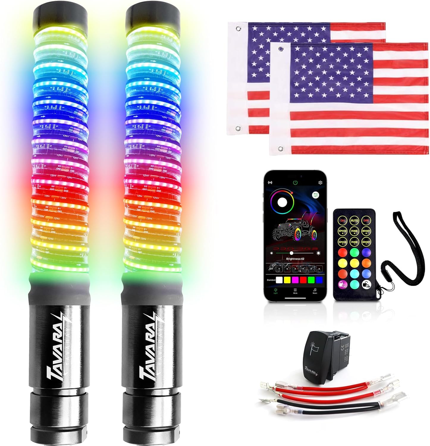 Tavaray 2PCS 2FT COB Fat Whip Lights, App & Remote Control LED Whip Lights for Side by Side, Brake/Signal/Reverse Sync, Spiral RGB Chasing Antenna Compatible with UTV ATV Polaris RZR Can-Am