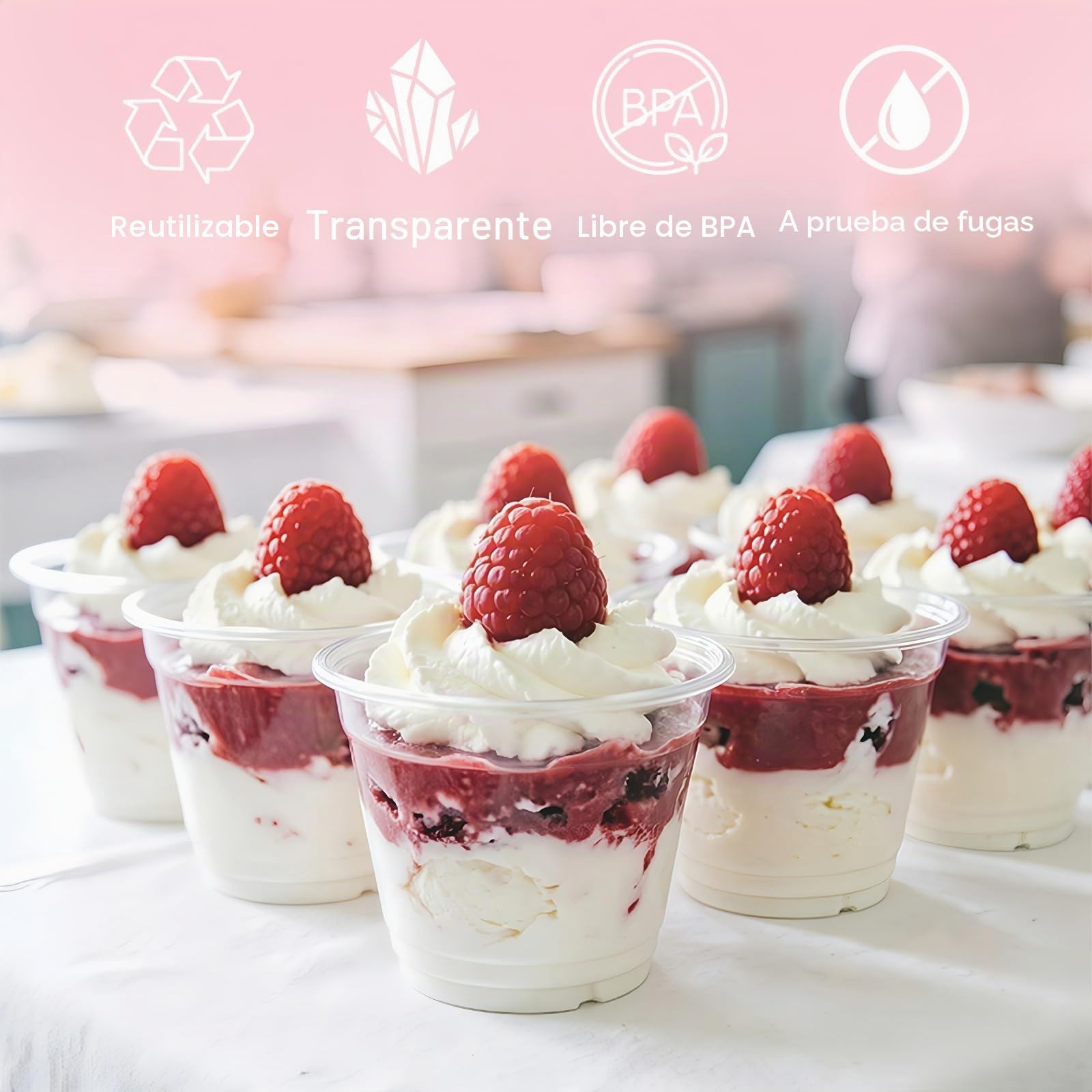 50 Piezas Vasos de PláStico para Postres con Tapas y Cucharas | 200 ml Tazas de Postre Redondas Vasitos para Postres Transparentes para Fiesta de Mousse Pudín