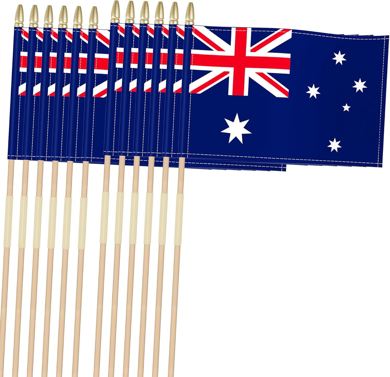 Heavy Duty 12 Pack 12x18 Inch Large Australian Flags on Stick 35” Tall Australia Stick Flags Durable Break-Resistant 5/16” Birch Pole 300D Oxford Fabric Australia Day ANZAC Day Yard & Festival Decorations