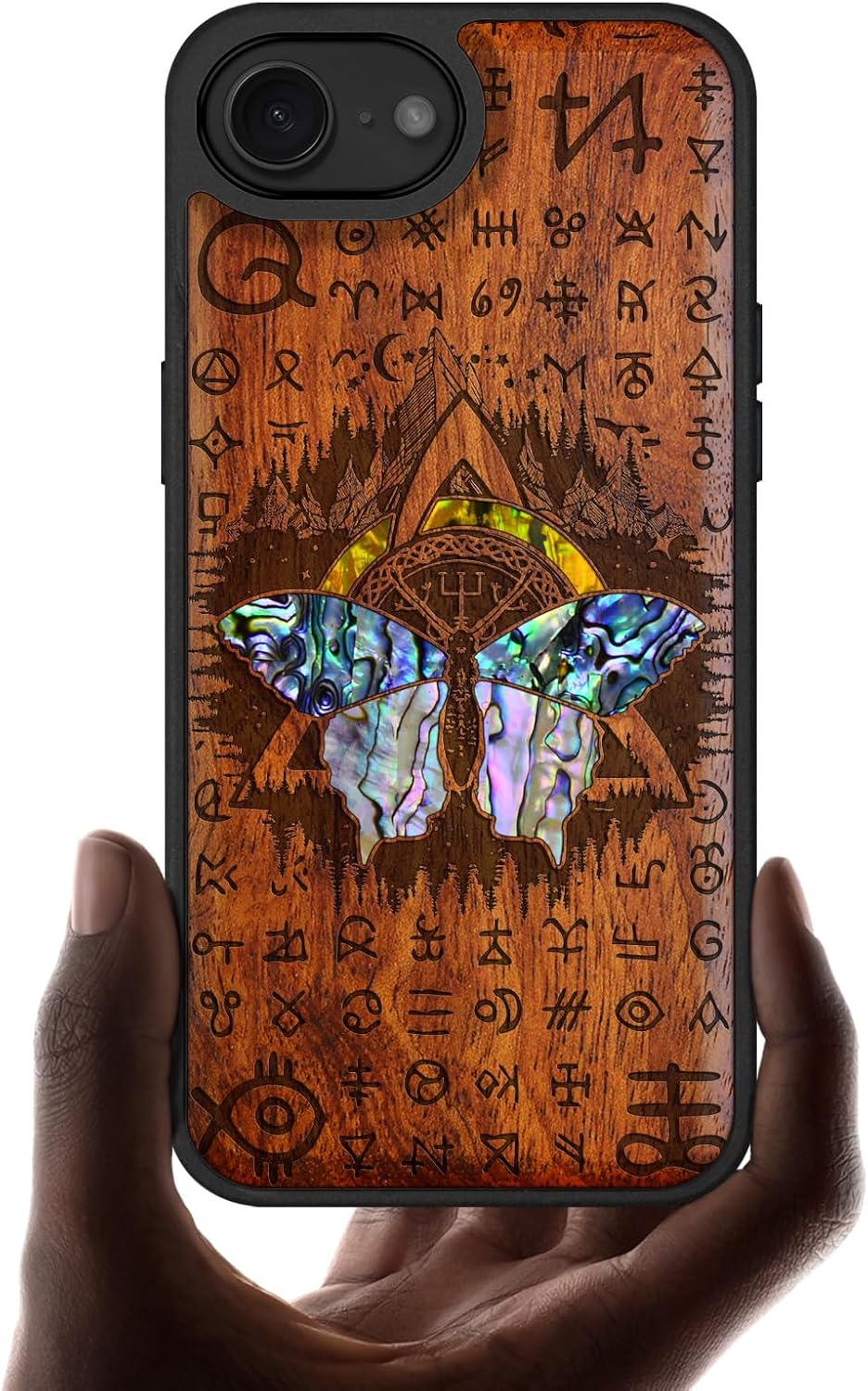 Carveit Magnetic Wooden Case for iPhone 16e / 17e, Wood Artisan Engraved & Handmade Shell Inlaid, TPU Shockproof Cover, Compatible with MagSafe Wireless Chargers, Wings of Valor Essence - Walnut