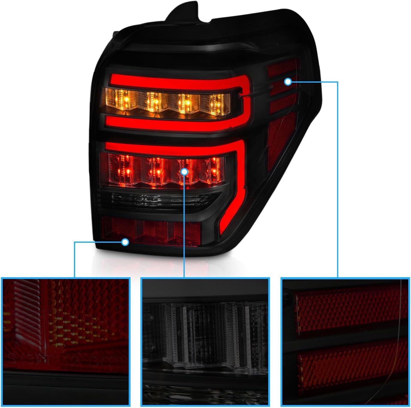AmeriLite for 2014-2023 Toyota 4Runner Black Smoke [Sequential LED Signal] Tail Lights Assembly Rear Brake Lamps Pair - Passenger and Driver Side