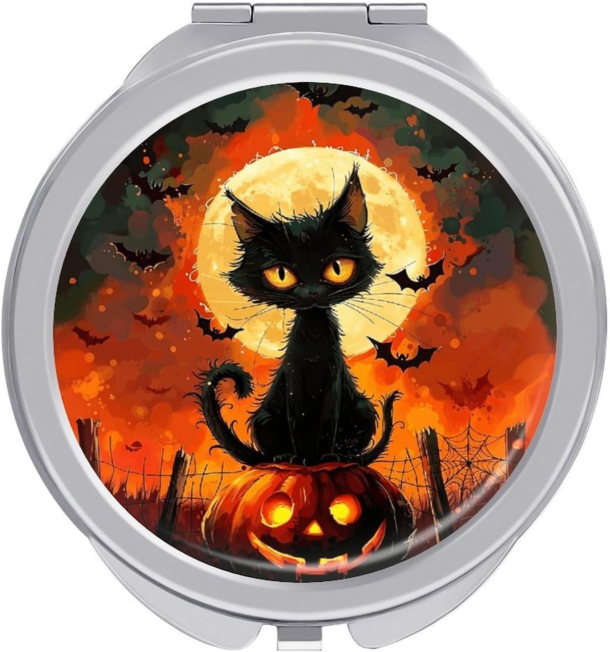 Halloween Black Cat Travel Makeup Mirror with 1x/2x Magnifying
