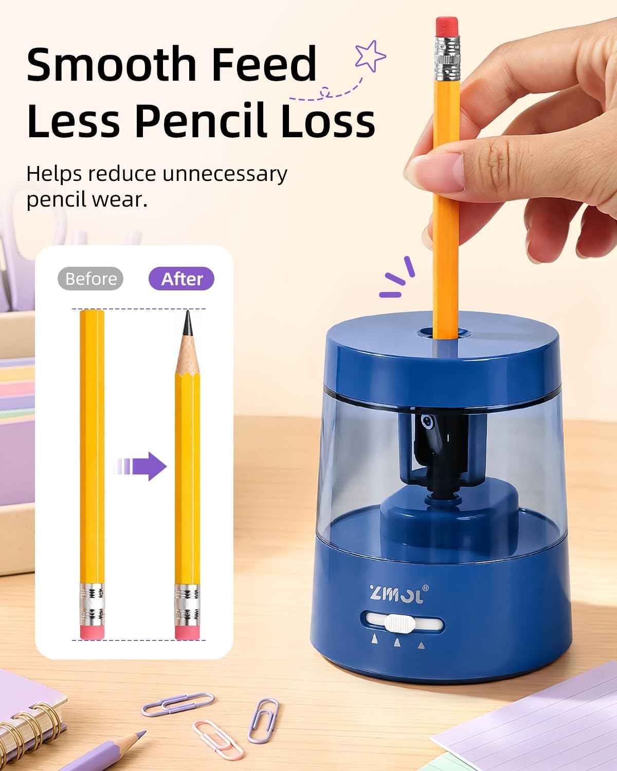 ZMOL Electric Pencil Sharpener, USB or 2 AA Powered, 6-8mm, Dark Blue image 5
