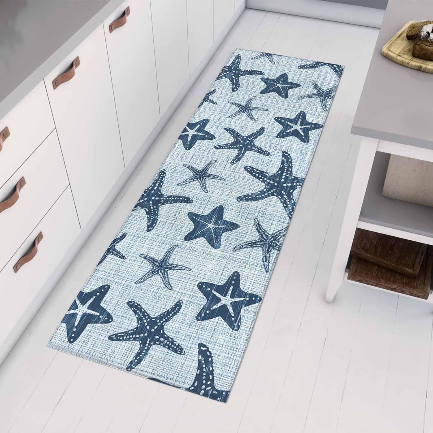 Teamery Kitchen Mats for Floor Ocean Life Starfish Navy Blue Washable Non Slip Kitchen Rugs 1PCS, Watercolor Marine Theme Absorbent Standing Mats for Sink Bathroom Office Living Room 15.7x47.2in
