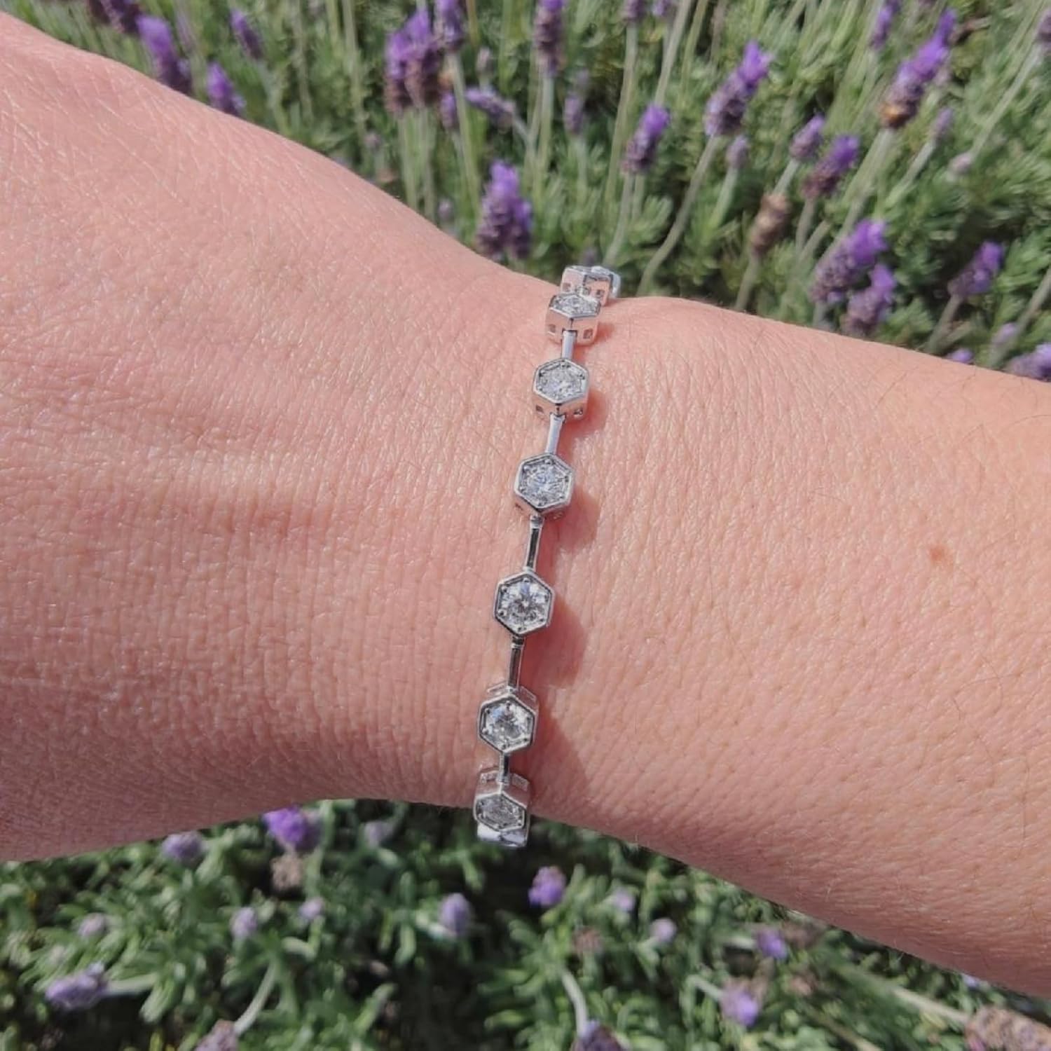 Ello Elli Moissanite Tennis Bracelet for Women, 925 Sterling Silver, 3.5mm D Color VVS1 Lab Created Stones, Honeycomb Bezel Setting, Dual Safety Clasp, Luxury Gift