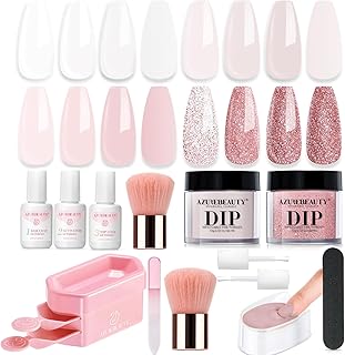 AZUREBEAUTY Dip Nail Kit Starter & Recycling Tray System, Nude Pink Glitter Neutral Skin Transparent, 4 Colors Dipping Powder Set All Seasons, French Nail Art Base Top Coat Activator