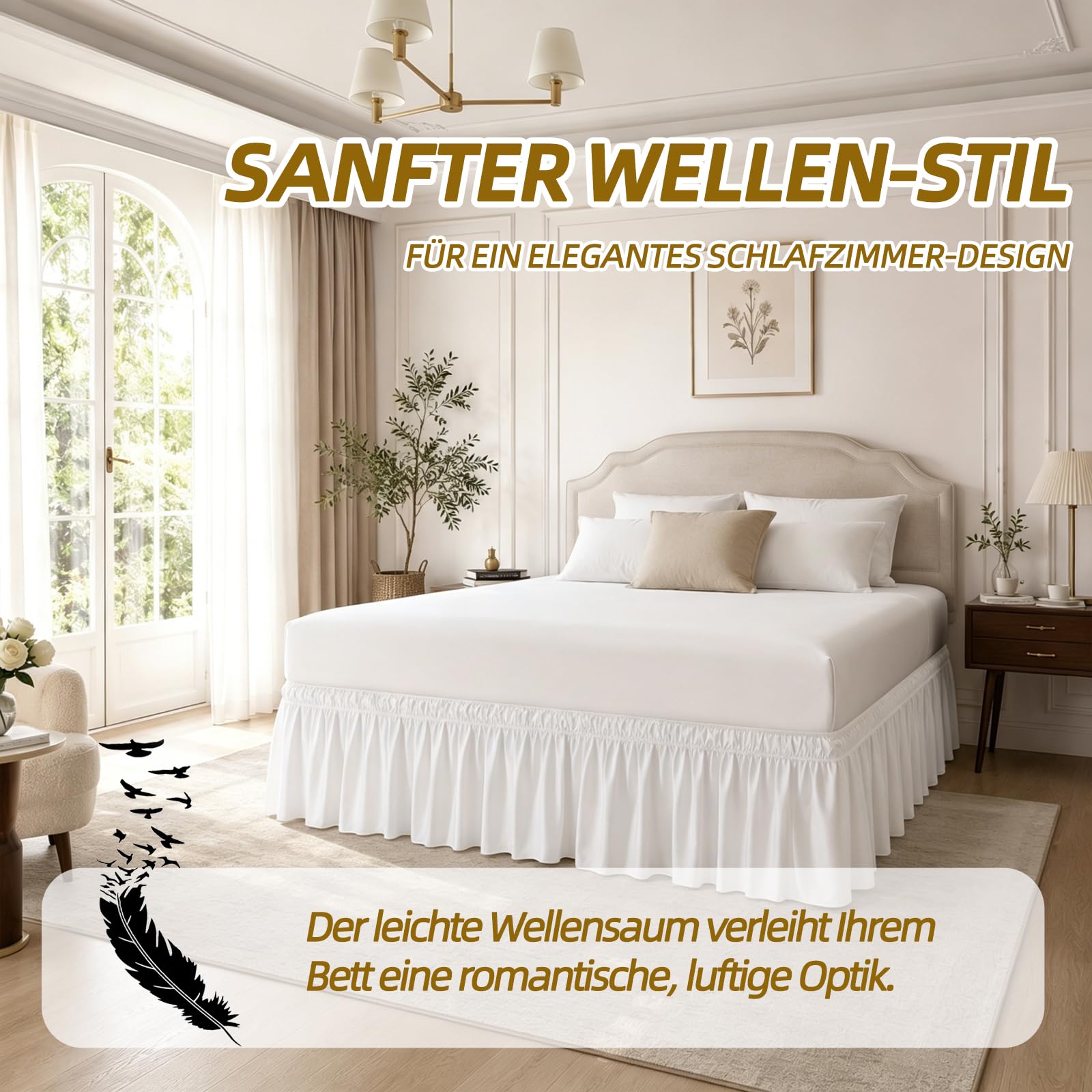 Bio-Baumwolle Volant Betthusse Weiß 45cm Gesamthöhe 180x200 cm Bettrock