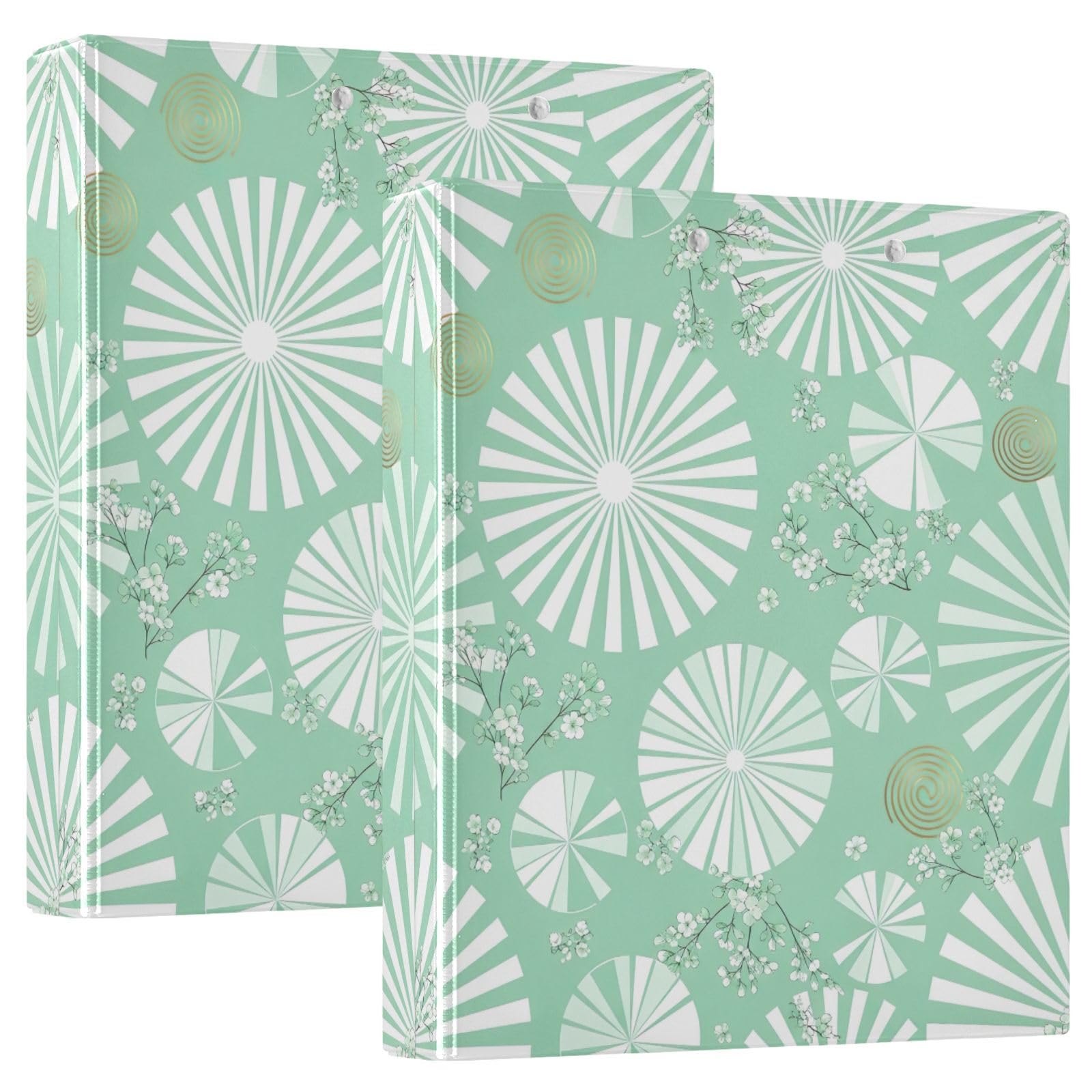 Carpeta de 3 anillos de flores verdes menta de 1.5 pulgadas, carpeta de anillos en D, paquete de 2 | Con portapapeles y bolsillos, para escuela, universidad, oficina