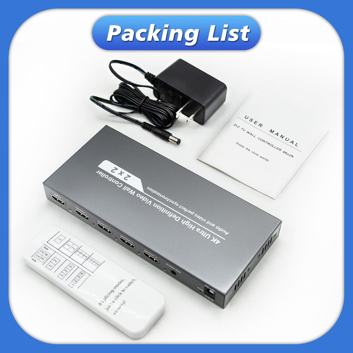Video Wall Controller, 2x2 HDMI Video Wall Control ,4K30 Input 108060 Output with 8 Splicing Modes 2x2,1x1,2x1,3x1,4x1,1x2,1x3,1x4, 180° Rotate TV Wall Processor for Big Screen,Mall...etc.