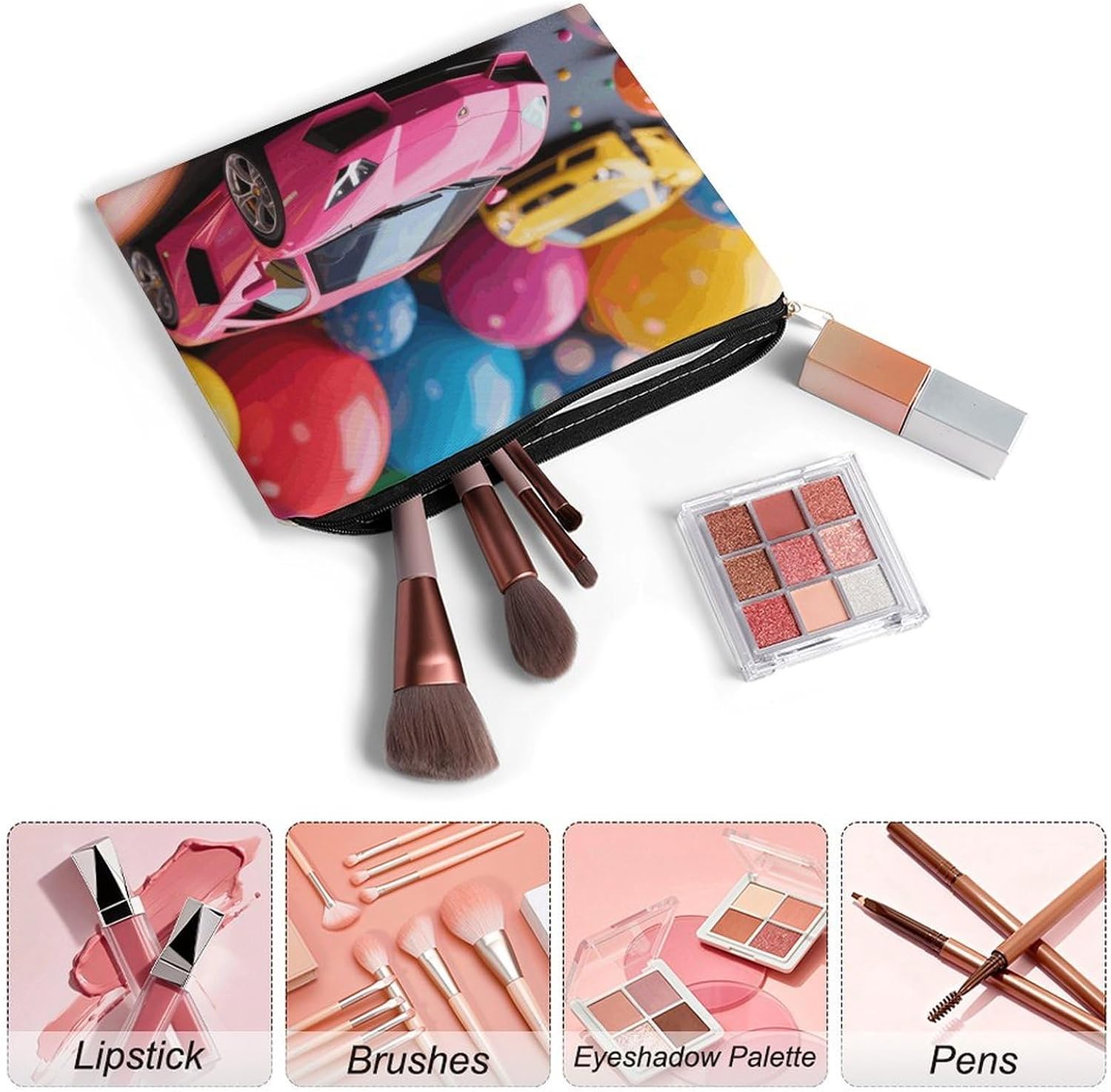Colorful Balls And Cars Portable Compact Storage Bag, Lightweight Stylish Cosmetic Bag, Multifunctional Soft Pouch with Zipper, Designed for Beach, Travel And Daily Use image 3