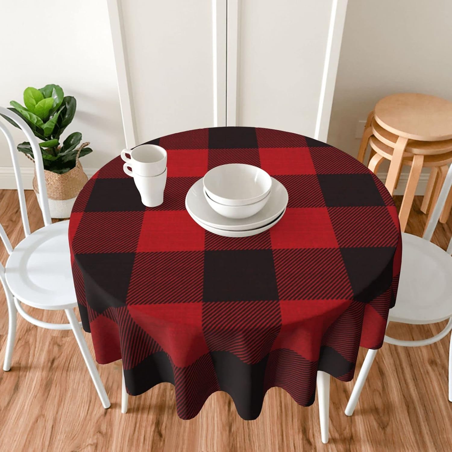 Buffalo Check Plaid Red And Black Plaid Christmas Waterproof Picnic Patio Party Round Table Cloth Cover Decorations Fabric 60 Inch Circular Tablecloth For 20-47 Inch Home Dining Room Kitchen Decor