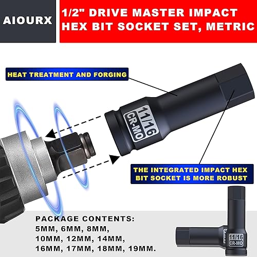Miniatura 6 de Aiourx Juego de Brocas Hexagonales de Impacto Maestro de 12" Drive, SAE, 10 Piezas de Broca Allen de Impacto de 12" Drive, 4 mm - 19 mm, Acero