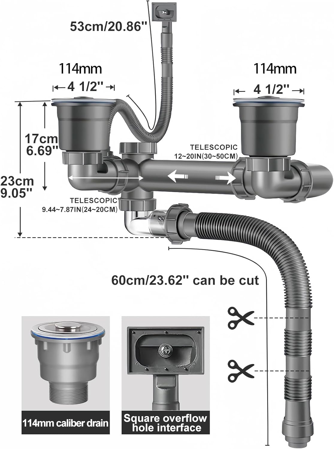 Double Sink Drain Kit Space Saving Kitchen Sink Drain Kit Expandable Flexible 1 1/2" P-Trap Pipe 3-1/2 Inch Sink Drain Assembly Kit with 4-Way Fitting Adapter for Dishwasher