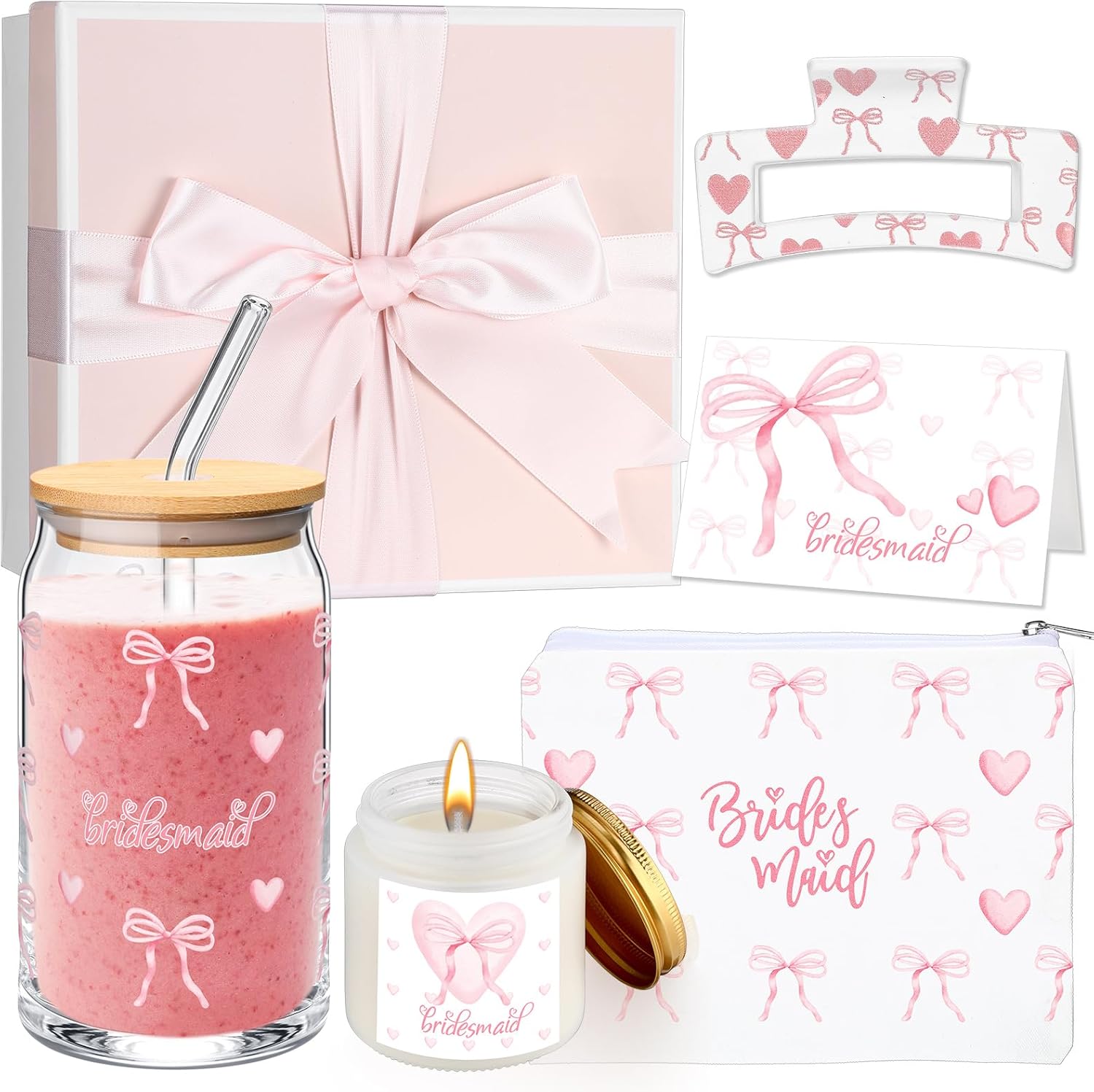 Meanplan 6 Pcs Maid of Honor Proposal Gift Coquette Pink Bow Will You Be My Maid of Honor Gift 17oz Pink Bow Glass Cup Makeup Bag Candle Hair Clip Card Box for Wedding Bachelorette Party Bridal Shower