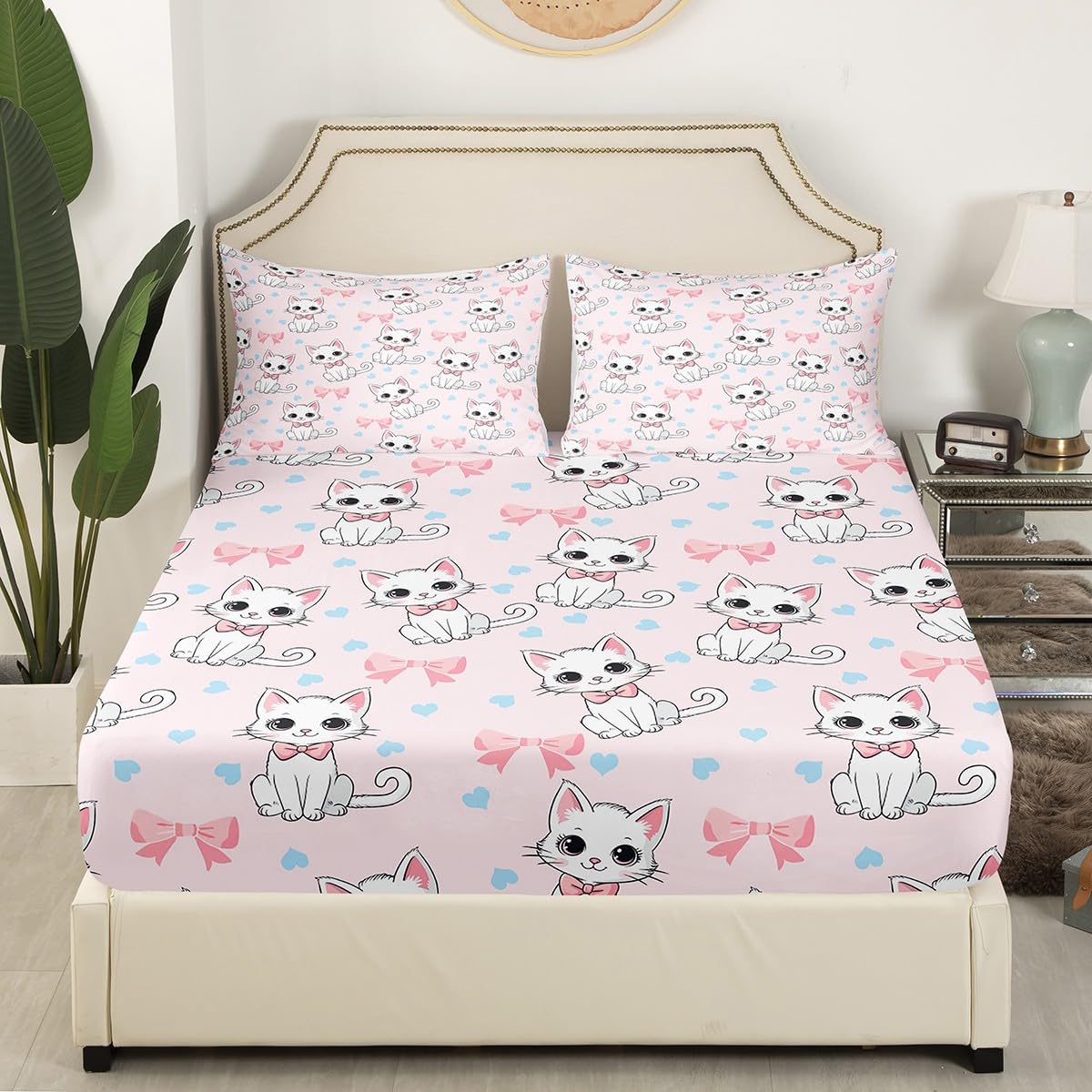 Feelyou Girl Pink Bowknot Twin Size Sheet Set Cute Cat Kitten Bed Sheets Set for Kids Boys Princess Themed Sheets with Deep Pocket Fitted Sheet All Season Home Decor,3Pcs
