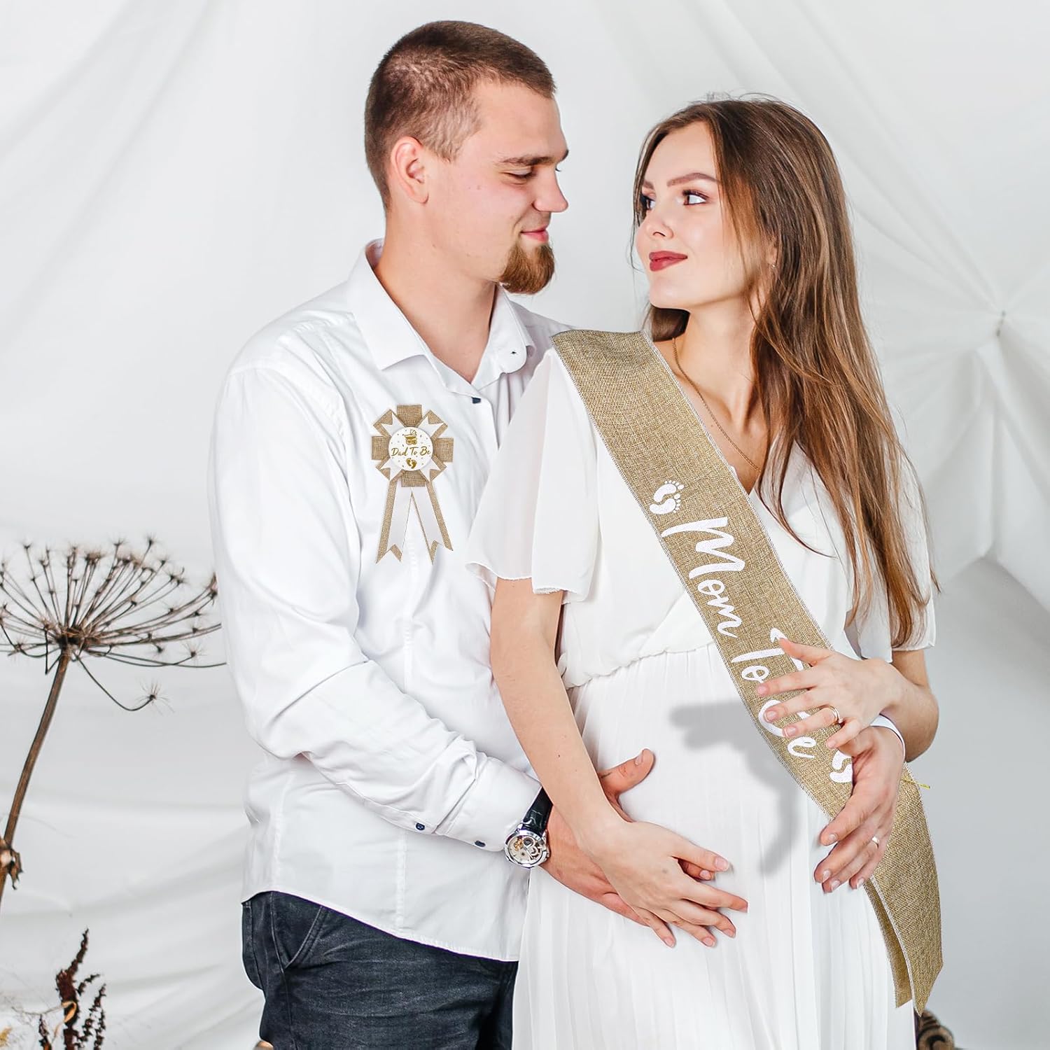 Jeffdad Neutral Burlap Mom to Be Sash Dad to Be Pin Baby Shower Decorations, Mommy to Be Sash Baby Shower Corsage for Gender Reveals Party Decorations for Pregnant Keepsake Gifts