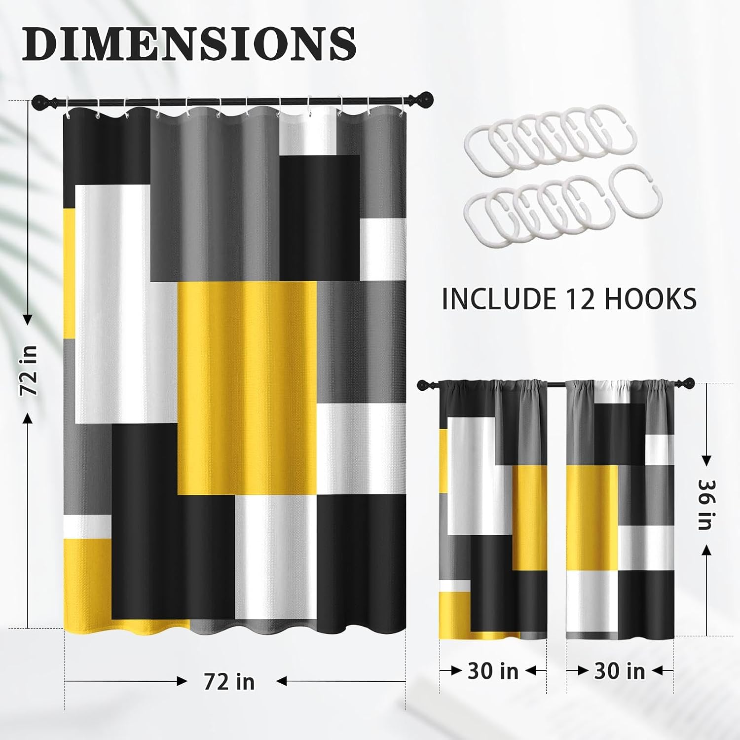Geometric Yellow White Shower Curtain Set, Black and Gray Modern Bathroom Window Waterproof Shower Curtain Set for Bathroom Decor