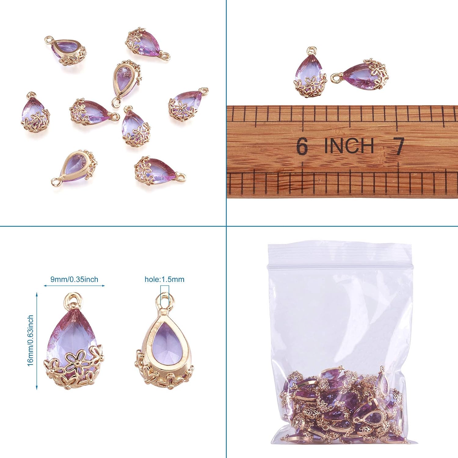 FASHEWELRY 50Pcs Faceted Transparent Glass Teardrop Pendants Crystal Glass Dangle Oval Drop Bead Charms with Golden Flower Open Back Settings for Jewelry Craft Making (Medium Purple)
