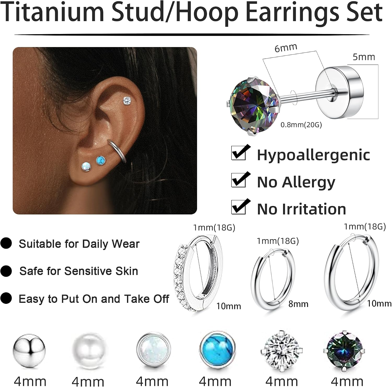 LOFITOR Titanium Earrings for Men Women Titanium Steel Stud Earrings for Sensitive Ears Cubic Zirconia Hypoallergenic Surgical Steel Cartilage Earrings Hoop 20G Flat Back Stud Earrings
