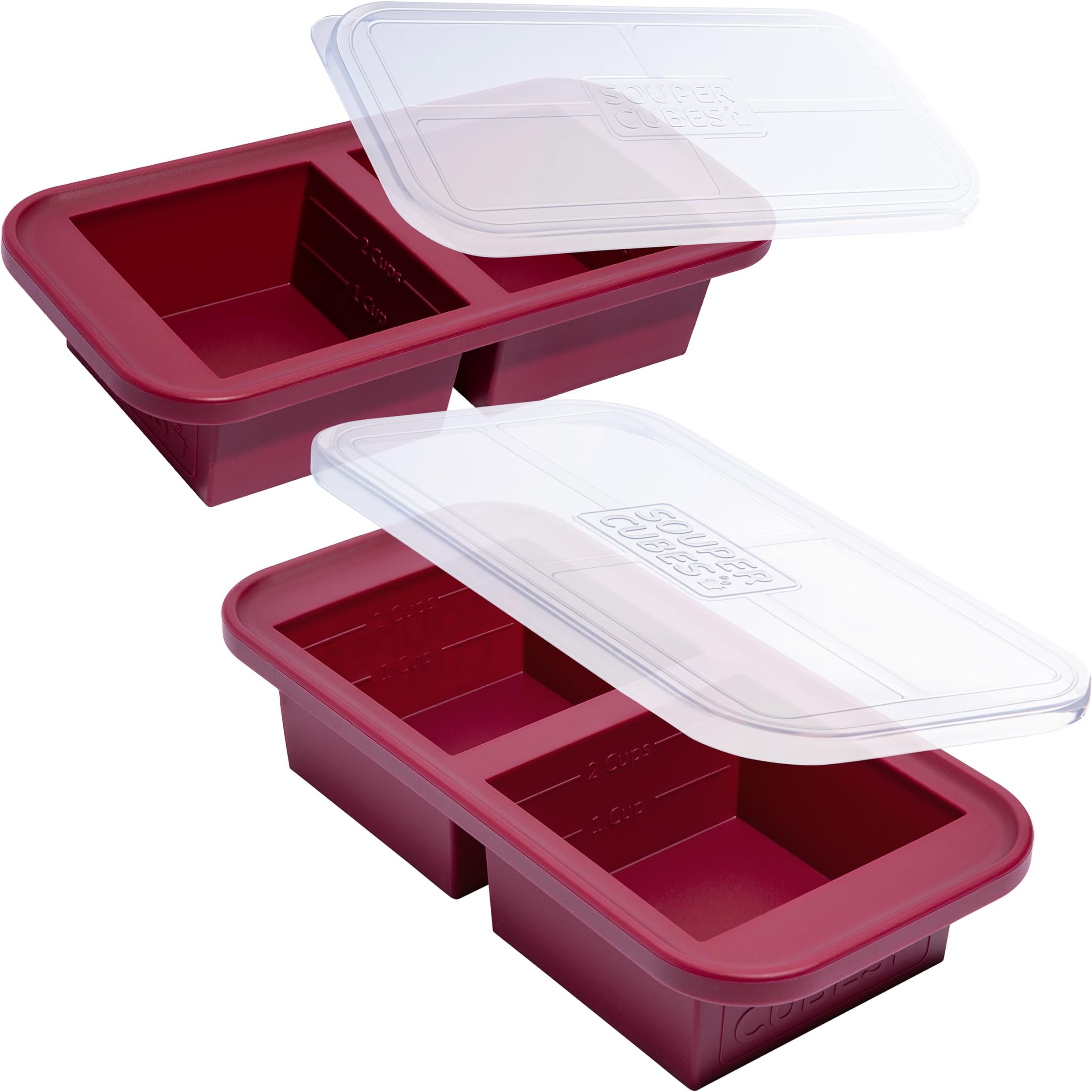 Souper Cubes 2 Cup Silicone Freezer Molds With Lids - Easy Meal Prep Container - Silicone Freezer Trays With Lid for Food, Stocks and More, Cranberry - 2-Pack
