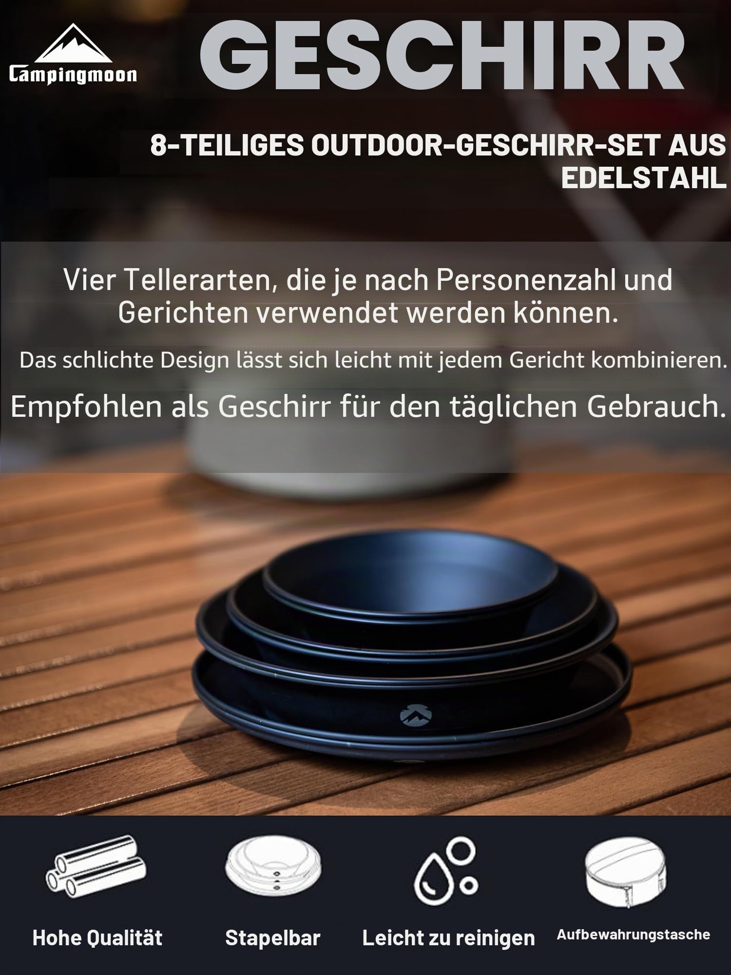 Campingmoon Campinggeschirr-Set, Edelstahl, Campingteller, Schüssel, stapelbar, Outdoor-Geschirr, Segeltuch, Tragetasche, Camping, Wandern, Picknick