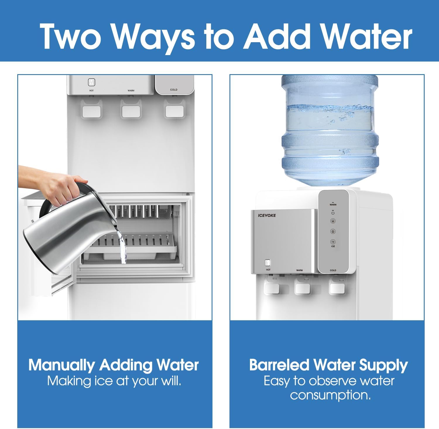 3-in-1 Water Cooler with Built-in Ice Maker, Top Load Ice and Water Dispenser for 3 or 5 Gallon Bottle, Hot, Cold & Room Water, 27LBS/24H Ice Making, Child Safety Lock, Night Light, White